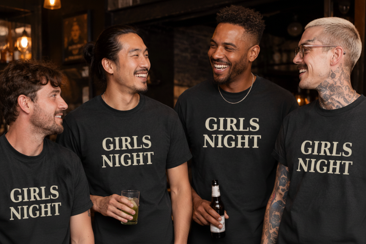 Group of men wearing black Girls Night t-shirts at a bar