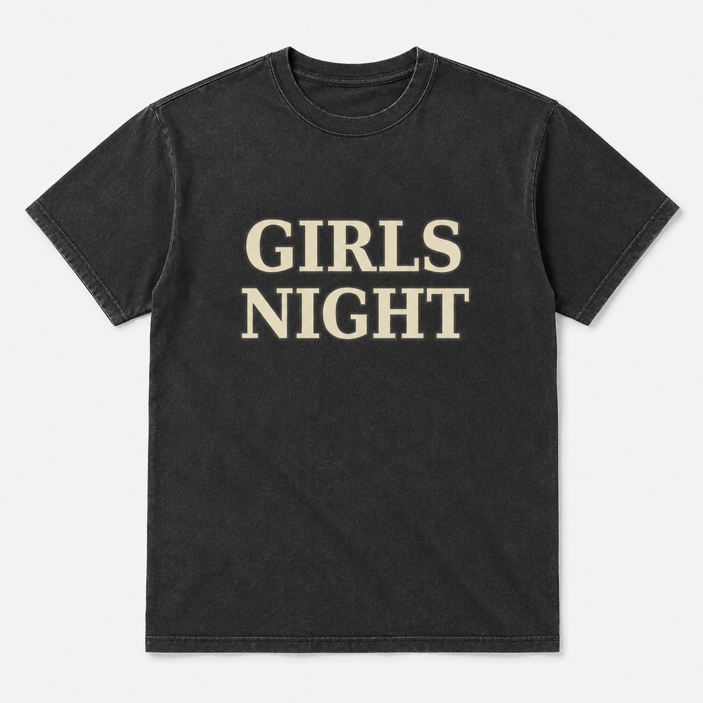 Black washed Girls Night crewneck t-shirt with cream varsity lettering